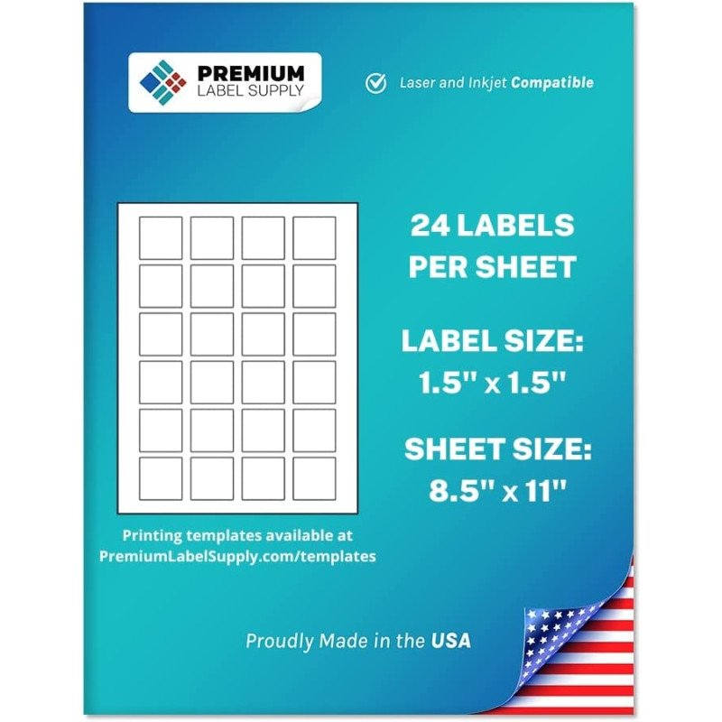 Sticker Square Labels – 1.5” x 1.5" – Laser/Inkjet Compatible – (24 Labels/Sheet), 25 Sheets – 600 Total Adhesive Labels